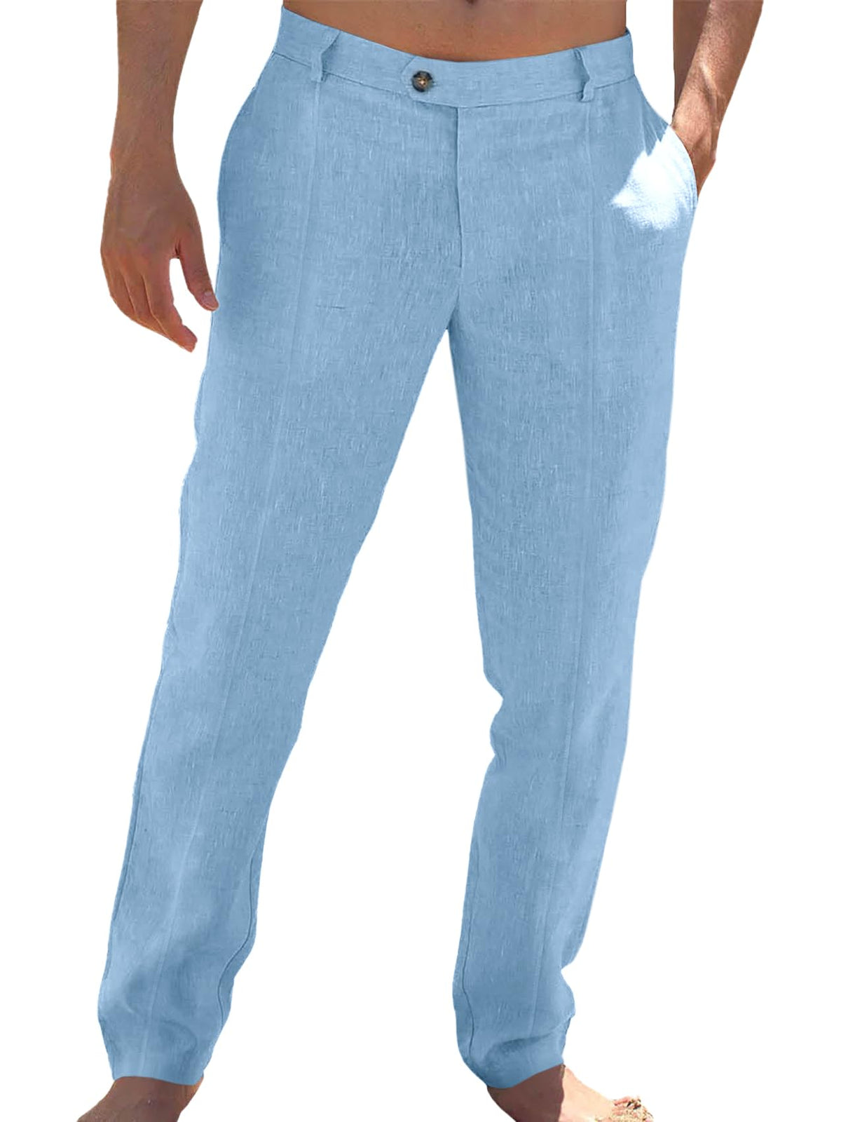 Runcati Mens Cotton Linen Casual Pants Dress Elastic Waist Trousers Slacks