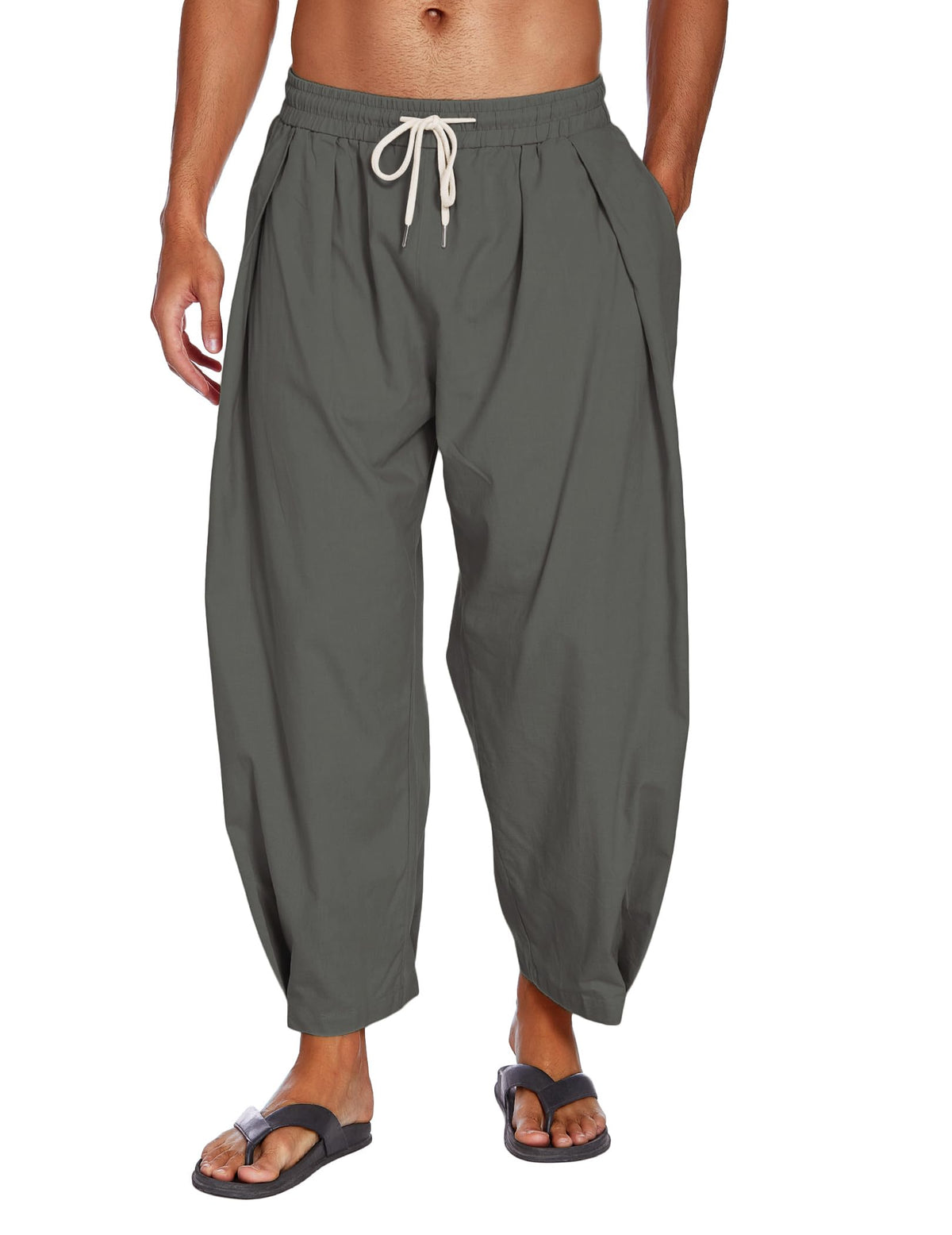 COOFANDY Men's Cotton Linen Harem Pants Drawstring Casual Cropped Trousers Lightweight Loose Beach Yoga Pants with Pockets