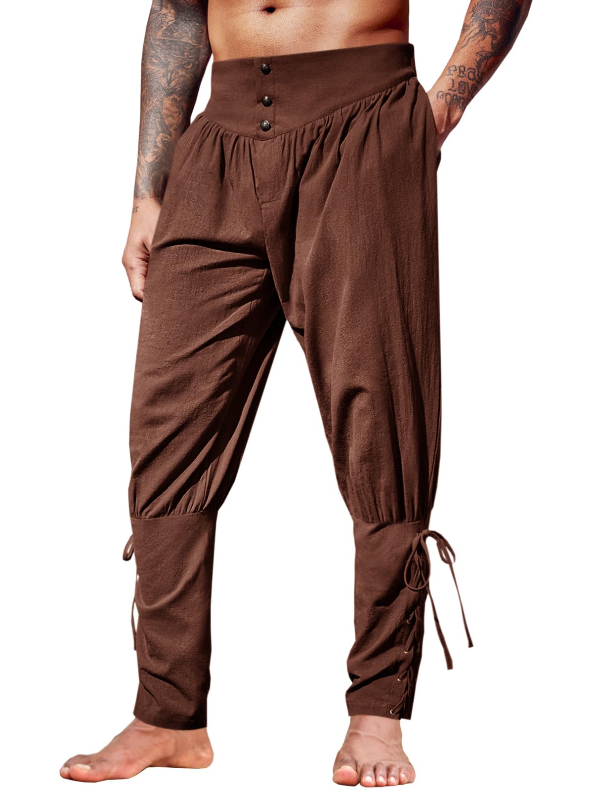 Runcati Mens Medieval Ankle Pants Renaissance Viking Linen Costume Trousers