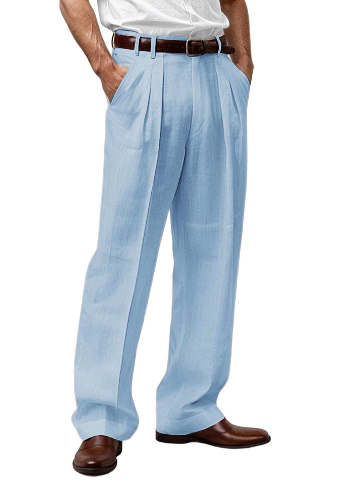 Mens Linen Blend Pants Pleated Front Relaxed Fit Trousers
