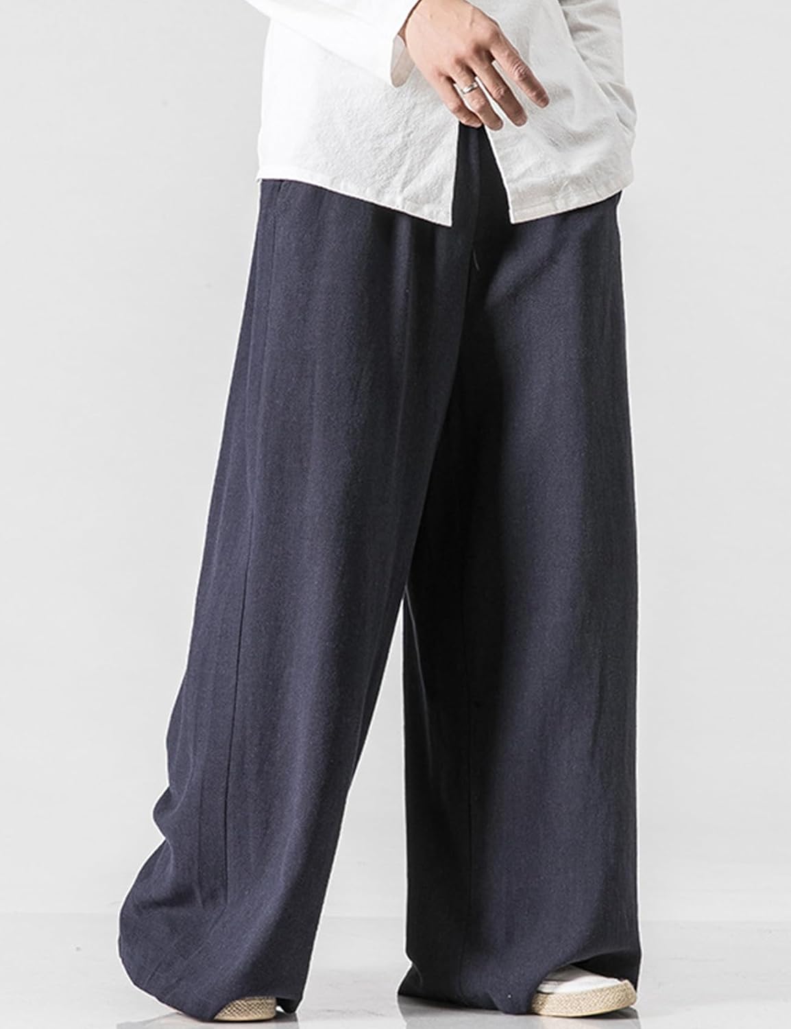 Kissonic Mens Casual Linen Pants Elastic Waist Cotton Wide Leg Trousers