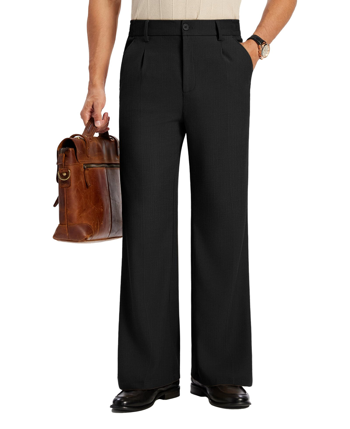 Susclude Mens Bootcut Casual Dress Pants Flared Wide Leg Old Money Pleated Elastic Waist Slacks Vintage Work Office Trousers