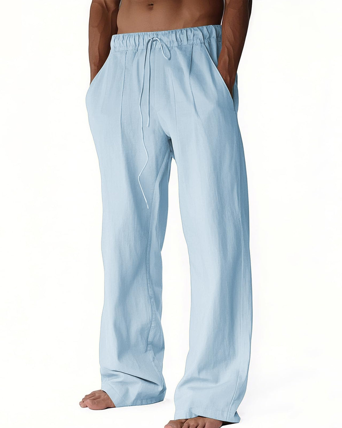 BUXKR Men's Linen Pants Beach Casual Cotton Summer Lightweight Elastic Waist Drawstring with Deep Pockets