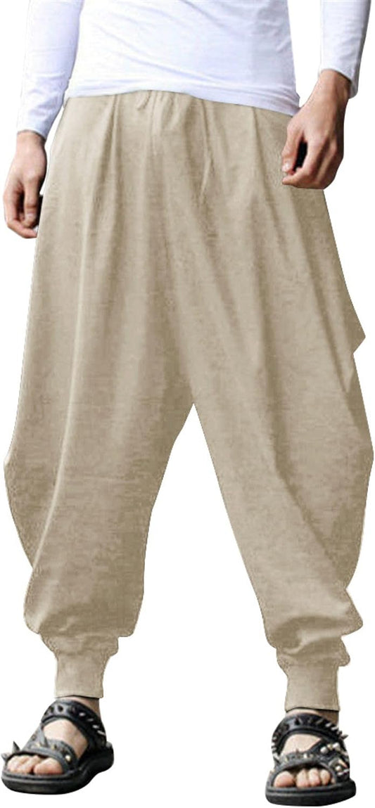 COOFANDY Men Hippie Harem Pants Baggy Linen Cotton Boho Yoga Pants Summer Beach Pants Casual Drop Crotch Trouser