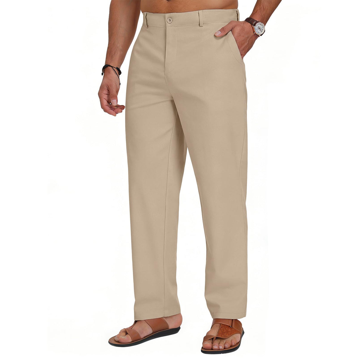 Puimentiua Mens Linen Casual Business Dress Pants Elastic Waist Regular Fit