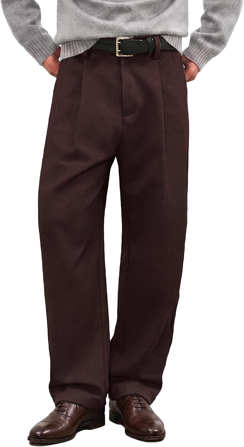 JMIERR Men's Baggy Pleated Wide Leg Loose Fit Brushed Casual Dress Pants