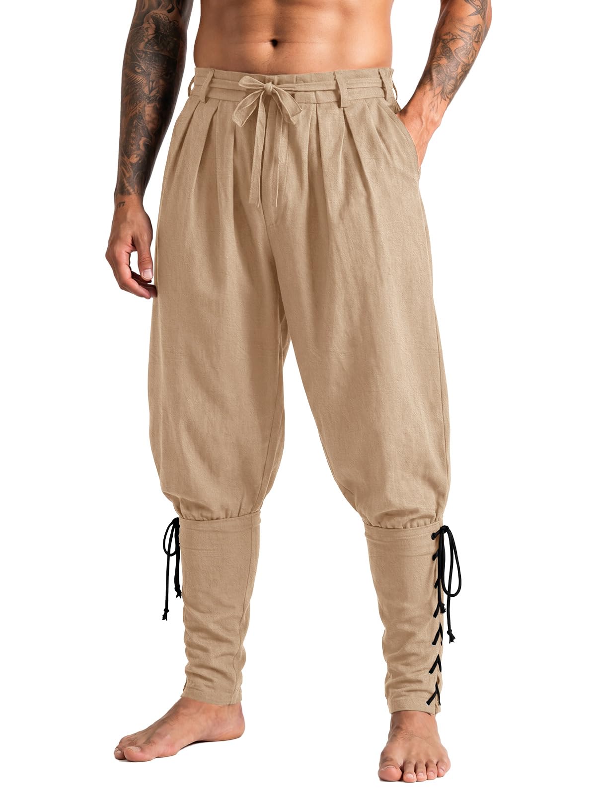Runcati Mens Medieval Pirate Pants Ankle Banded Renaissance Viking Trousers