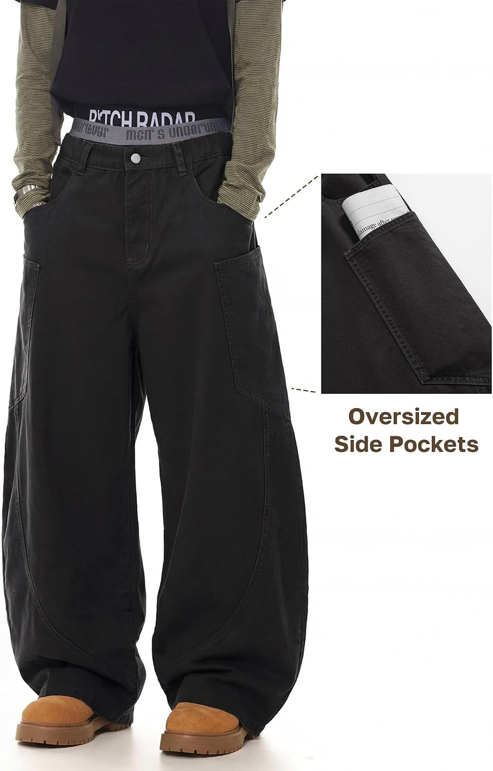 Mens Wide Leg Pants Elastic Waist Pants Pleated Loose Trendy Long Trousers