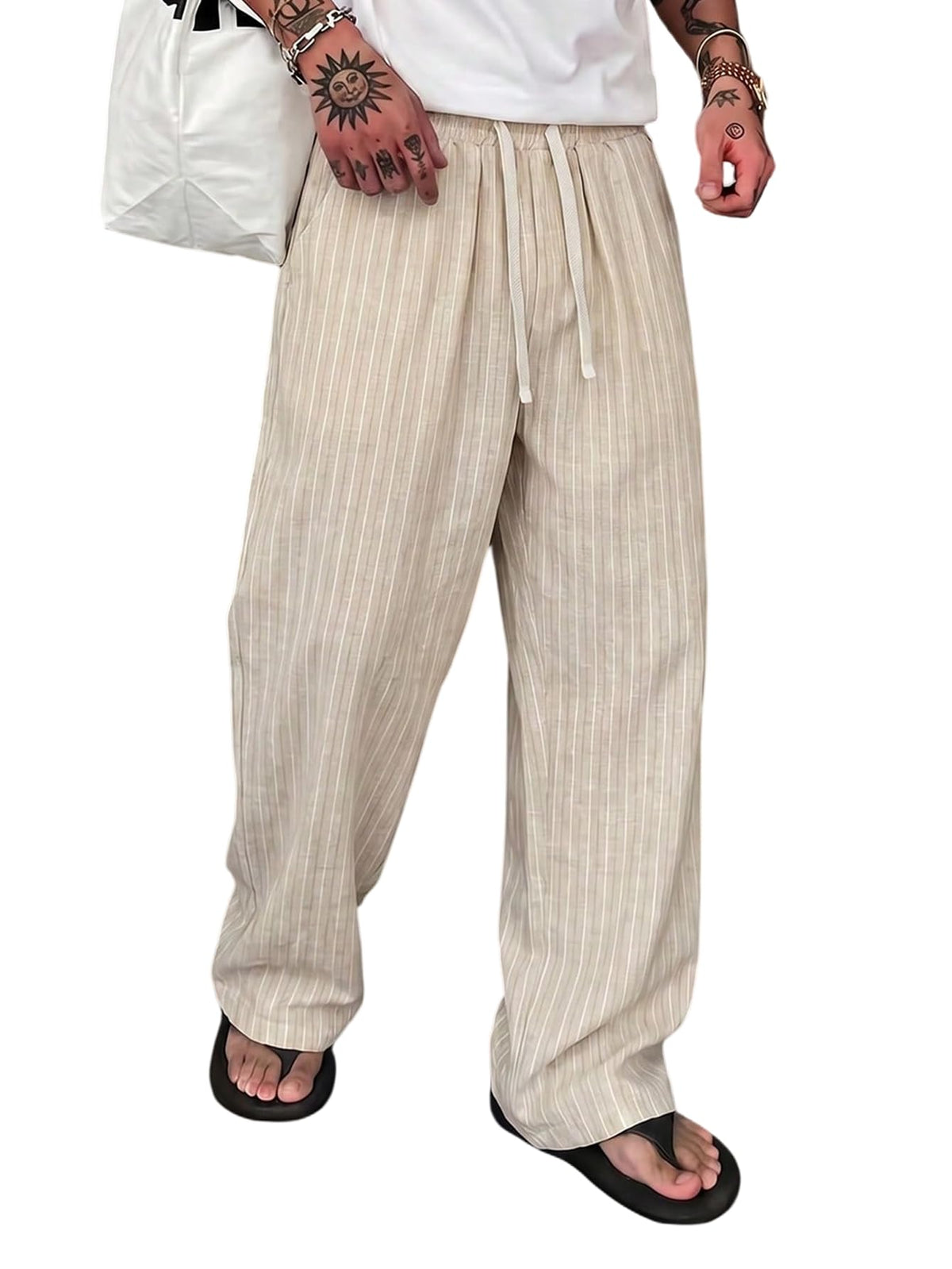 SOLY HUX Men's Striped Baggy Wide Leg Pants Drawstring Pants Trousers