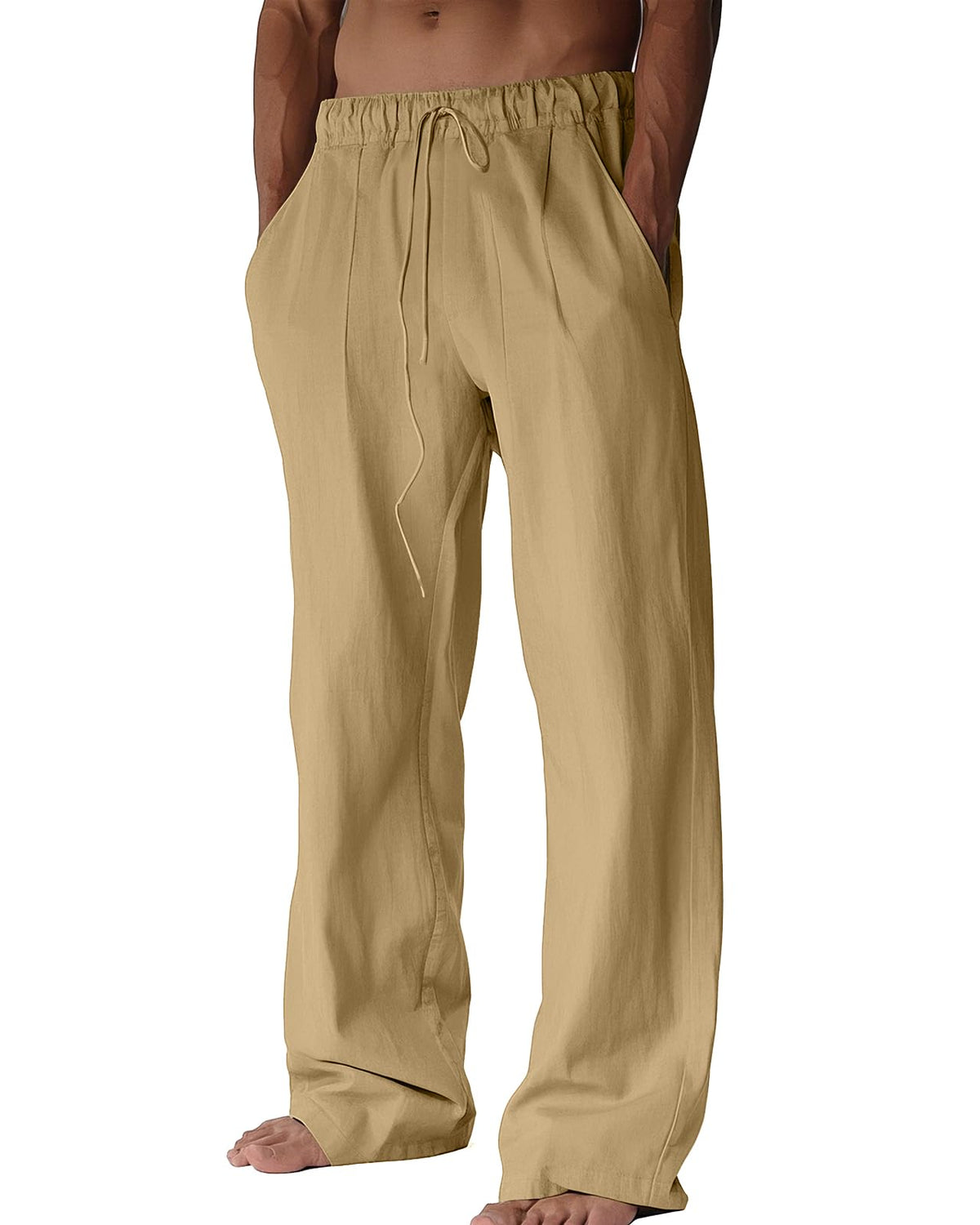 BUXKR Men's Linen Pants Beach Casual Cotton Summer Lightweight Elastic Waist Drawstring with Deep Pockets