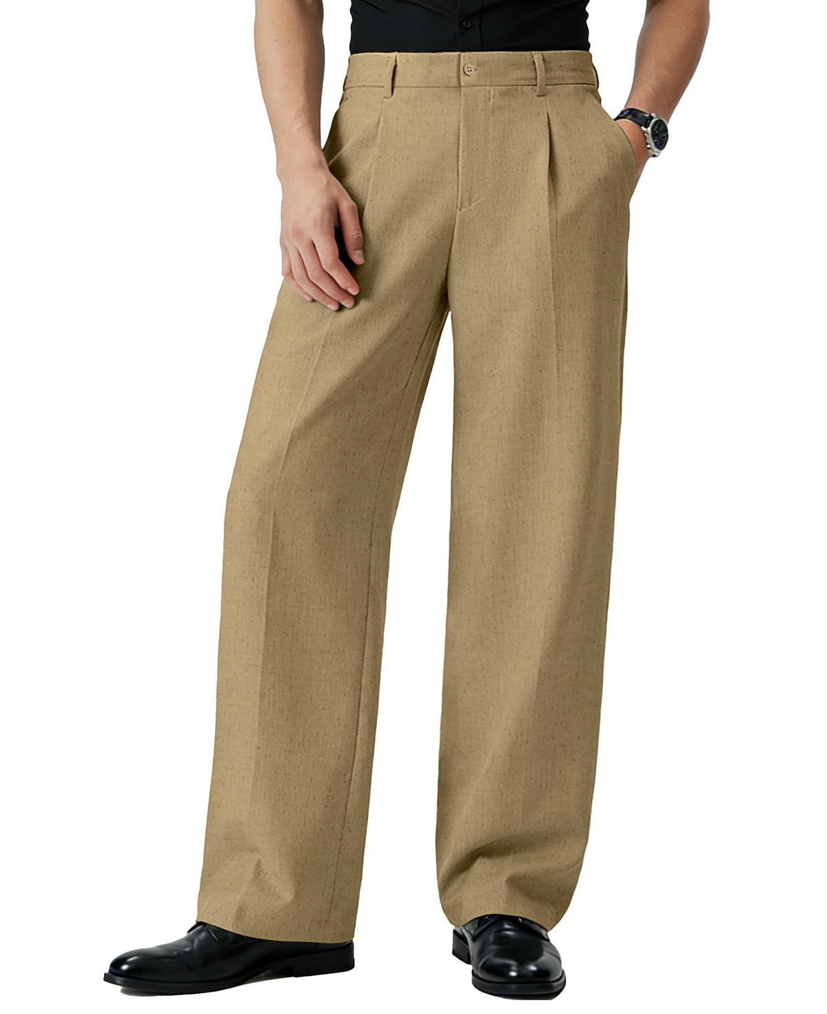 Susclude Mens Linen Casual Dress Pants Old Money Wide Leg Baggy Pleated Vintage Relaxed Fit Slacks Work Office Trousers