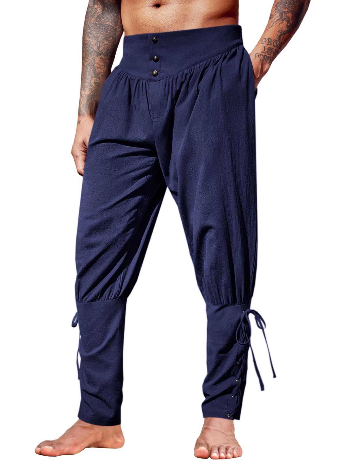 Runcati Mens Medieval Ankle Pants Renaissance Viking Linen Costume Trousers