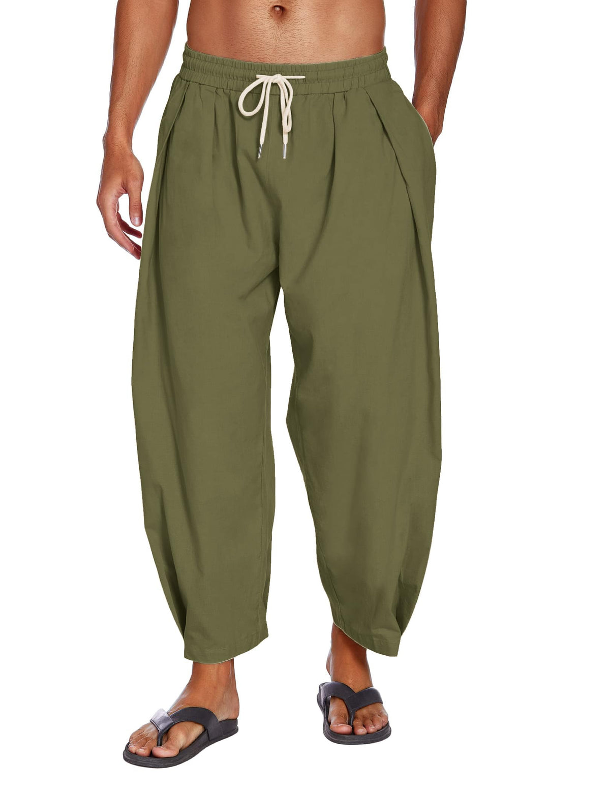 COOFANDY Men's Cotton Linen Harem Pants Drawstring Casual Cropped Trousers Lightweight Loose Beach Yoga Pants with Pockets
