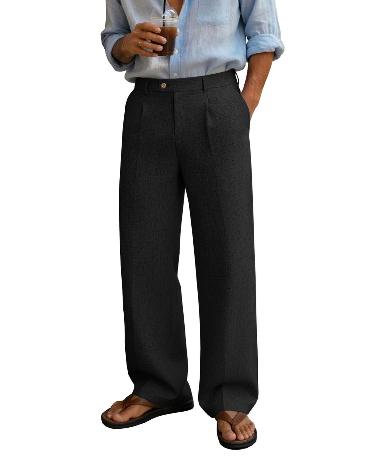 Susclude Mens Linen Casual Dress Pants Wide Leg Baggy Pleated Work Trousers
