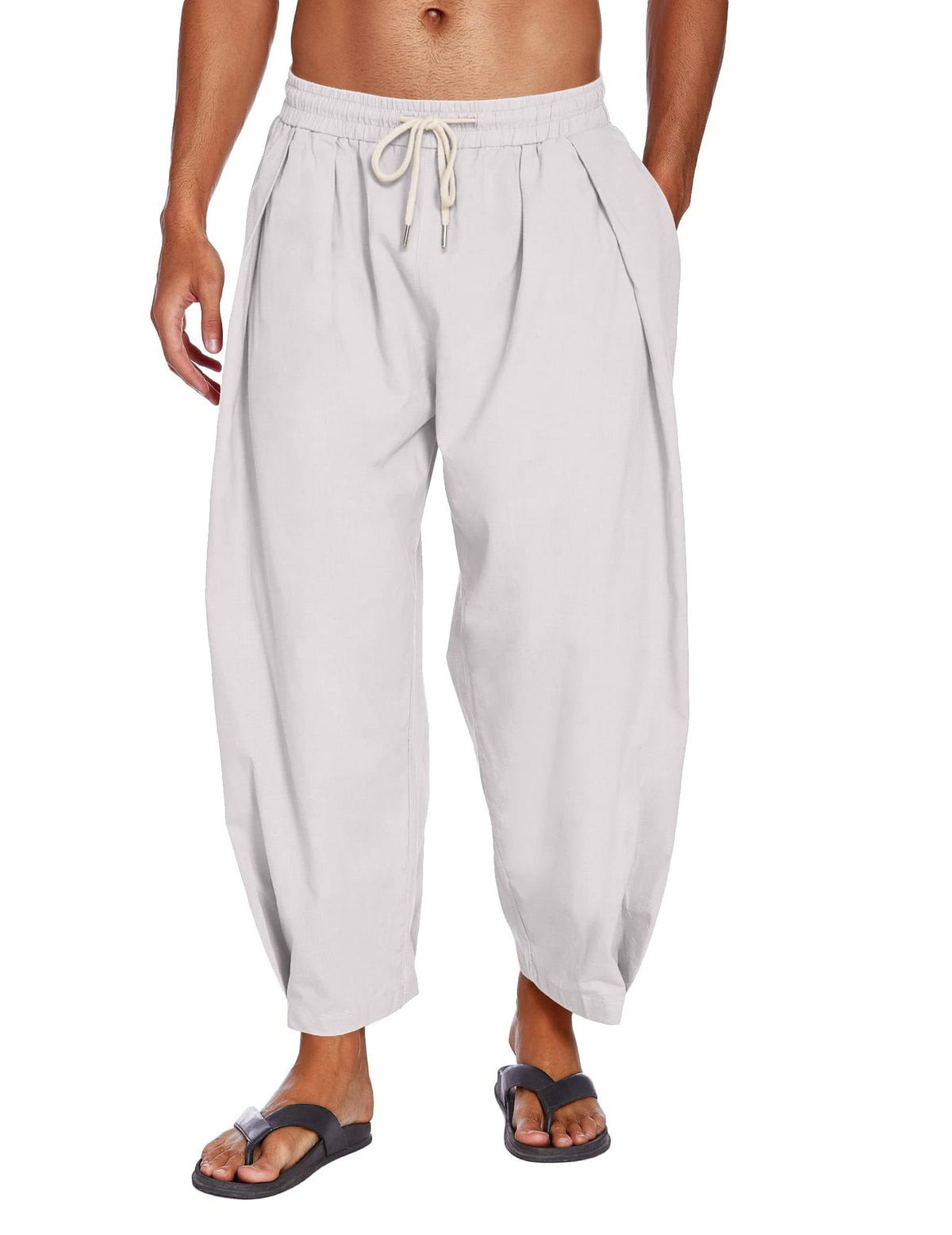 COOFANDY Men's Cotton Linen Harem Pants Drawstring Casual Cropped Trousers Lightweight Loose Beach Yoga Pants with Pockets