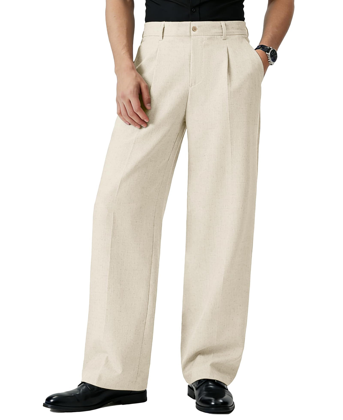 Susclude Mens Linen Casual Dress Pants Old Money Wide Leg Baggy Pleated Vintage Relaxed Fit Slacks Work Office Trousers