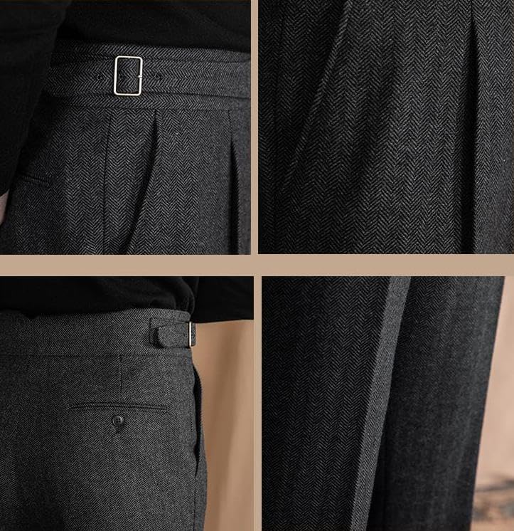 Men Trousers Vintage Tweed Blend Pants Herringbone Slim Fit Pleat-Front Pant