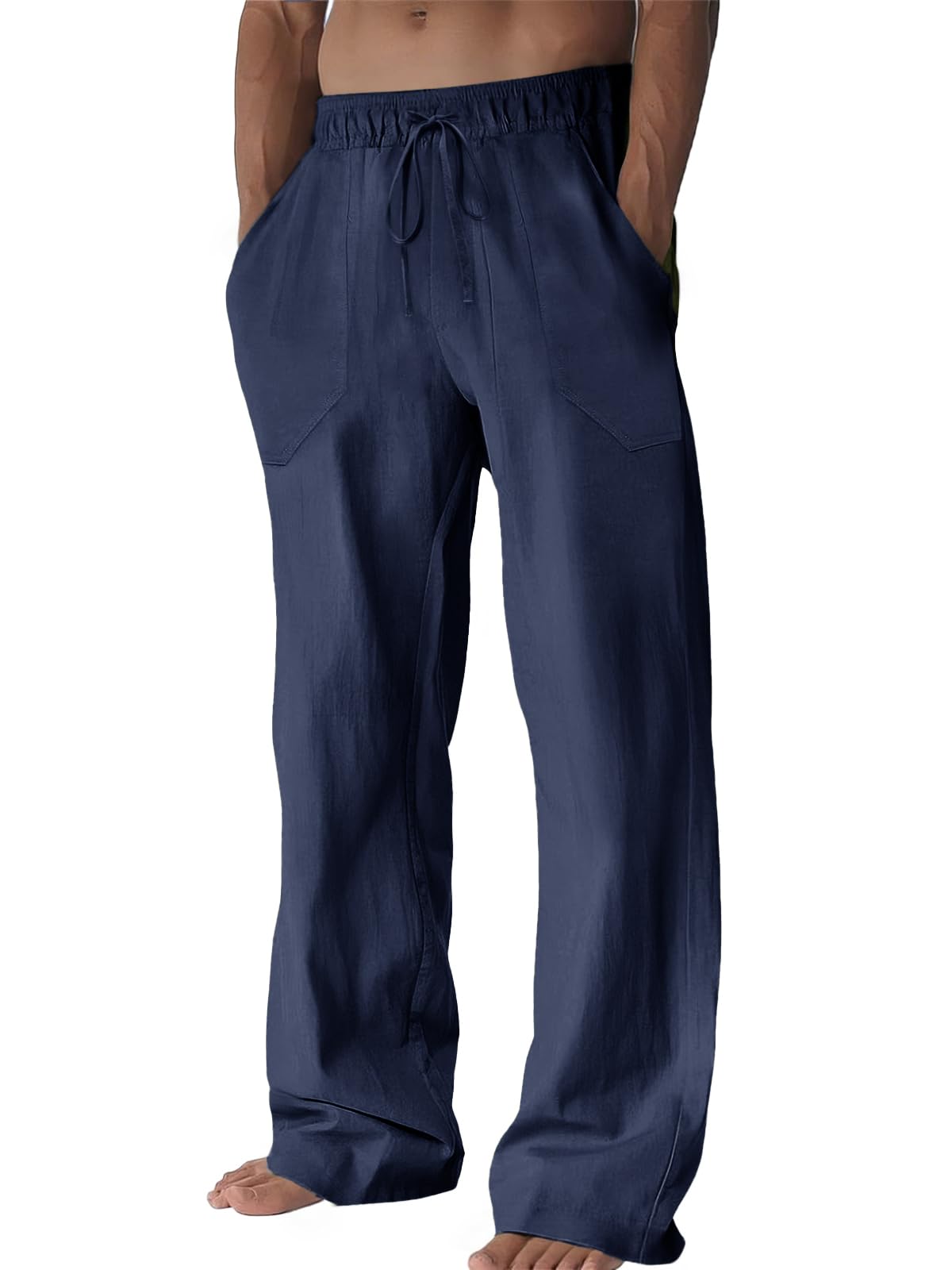 Runcati Mens Casual Pants Linen Drawstring Elastic Waist Loose Fit Straight Leg Pants Summer Beach Vacation Yoga Trousers