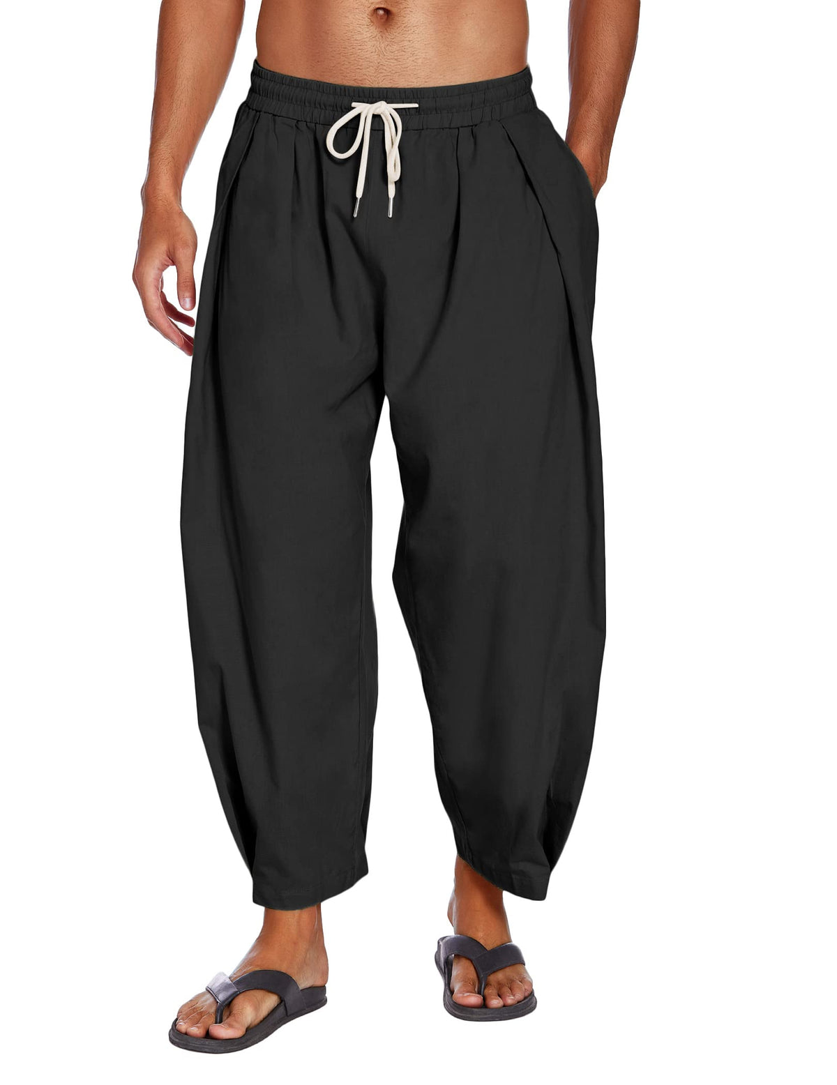COOFANDY Men's Cotton Linen Harem Pants Drawstring Casual Cropped Trousers Lightweight Loose Beach Yoga Pants with Pockets