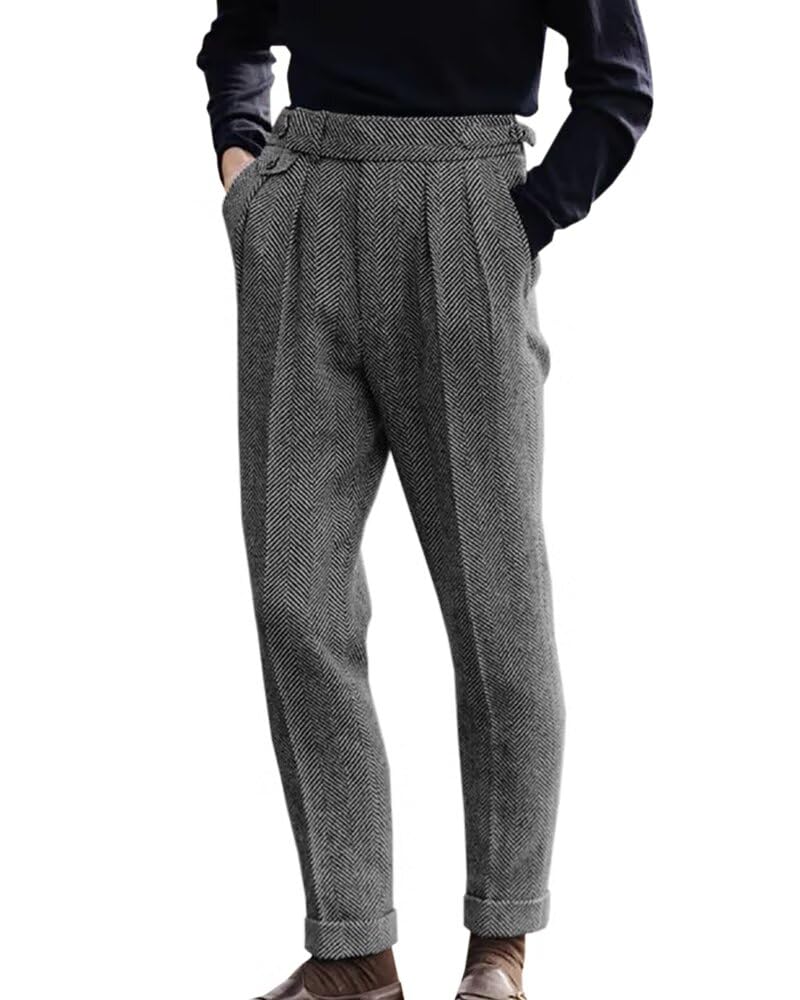 Men's Herringbone Tweed Dress Pants Regular Fit Vintage Wool Trousers