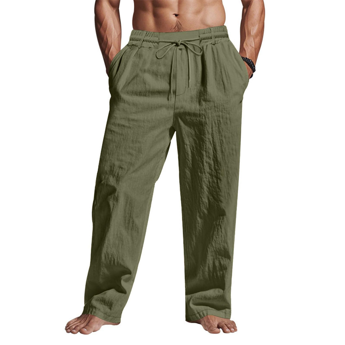Puimentiua Casual Linen Pants Men Elastic Drawstring Baggy Summer Lounge