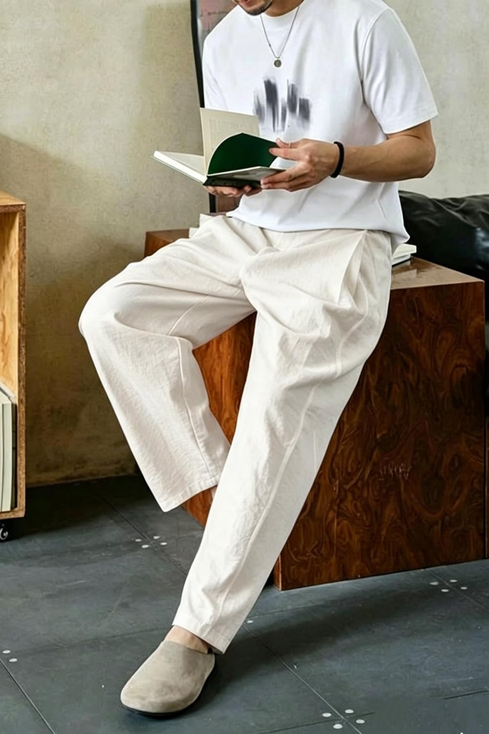 Heyfanee Linen Pants Men Casual Summer Beach Pleated Trousers Loose Fit