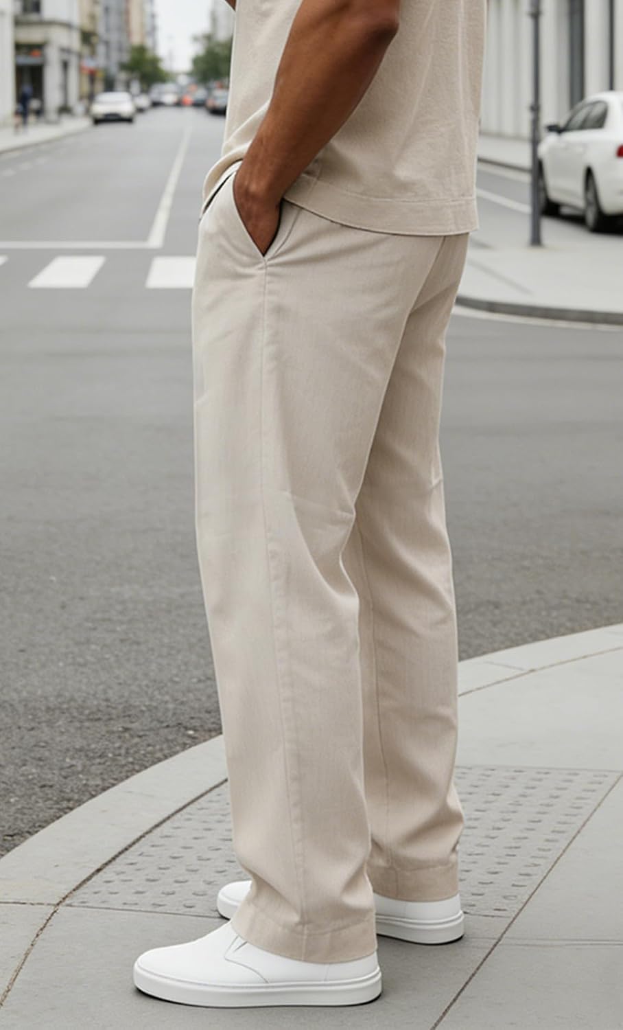 Mens Linen Blend Pants Pleated Front Relaxed Fit Trousers