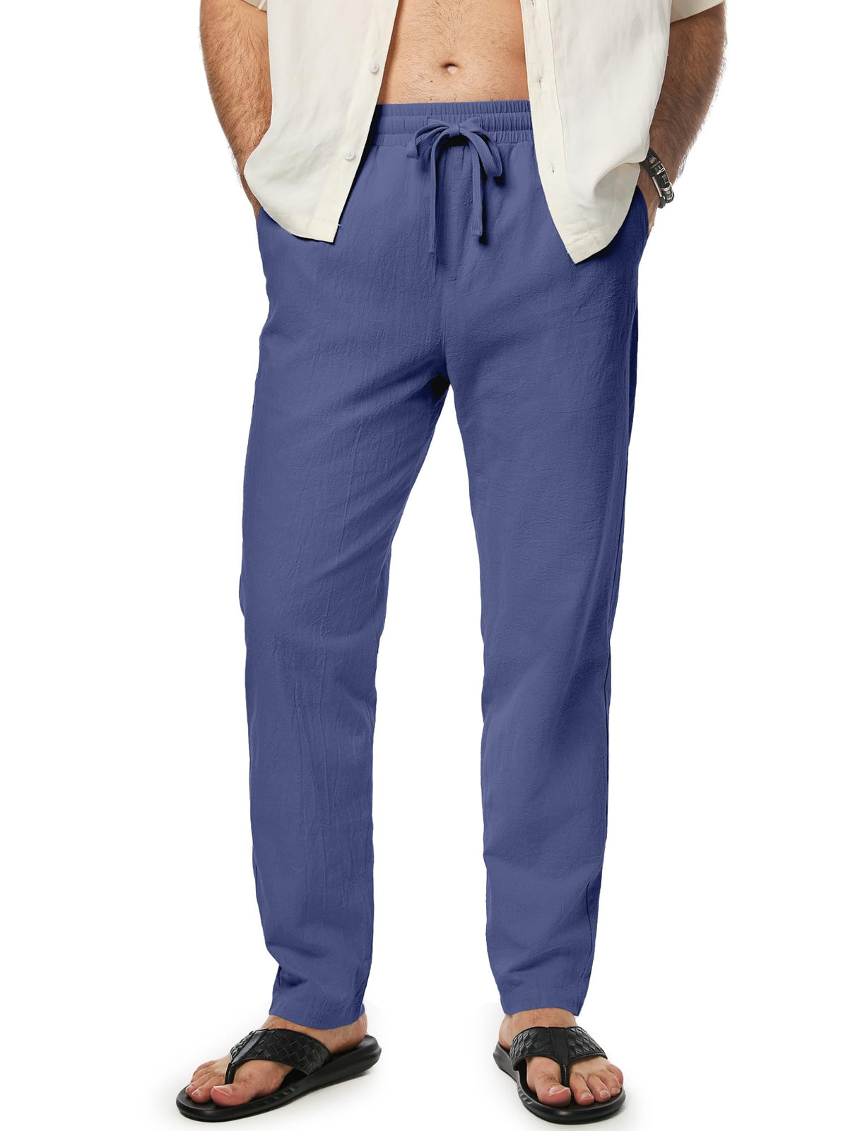 JMIERR Mens 100% Cotton Pants Casual Elastic Waist Drawstring Lightweight Summer Beach Trousers with Pockets