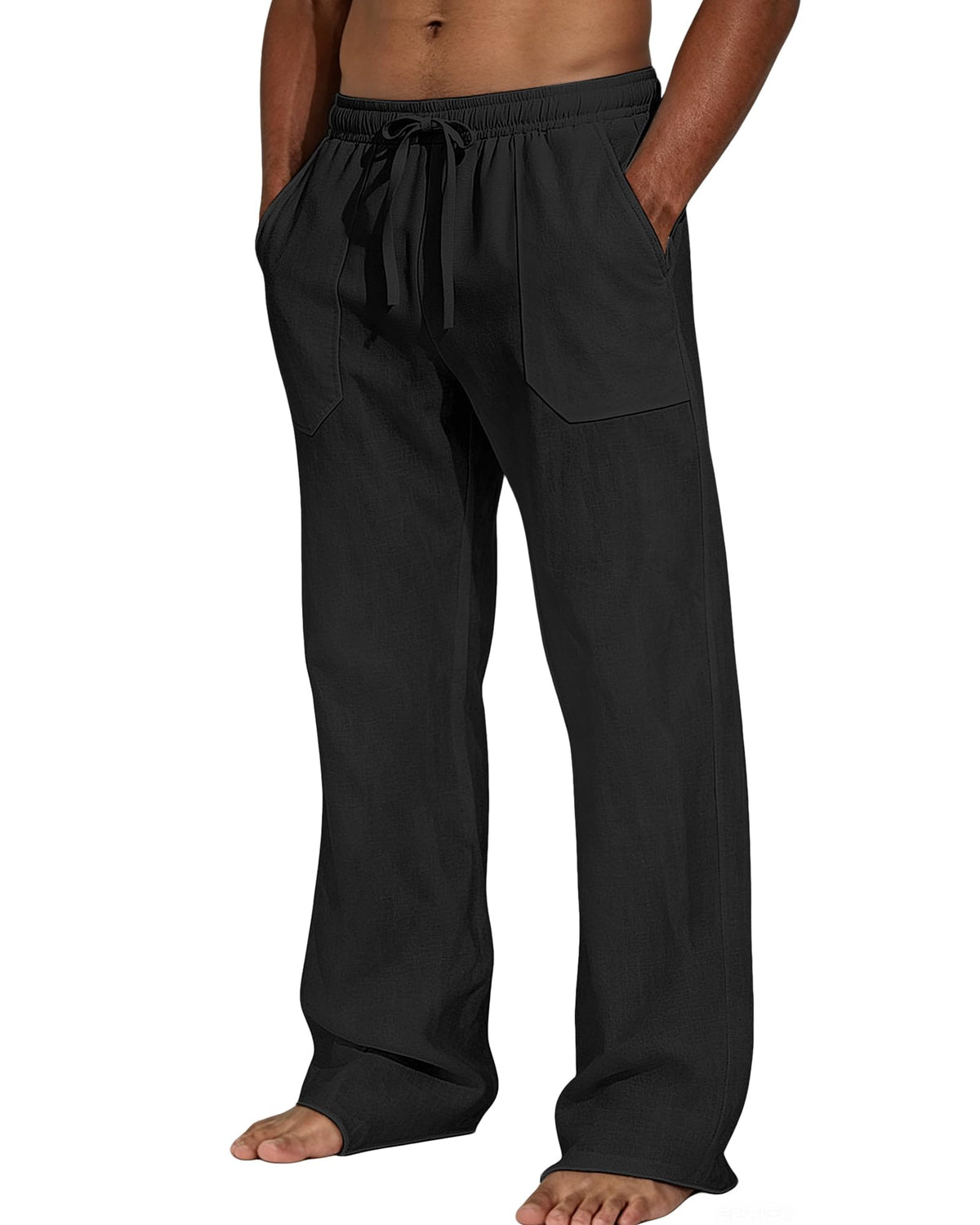 Men's Cotton Linen Casual Pants Elastic Waist Drawstring Loose Straight Leg Lightweight Summer Beach Yoga Lounge Trousers