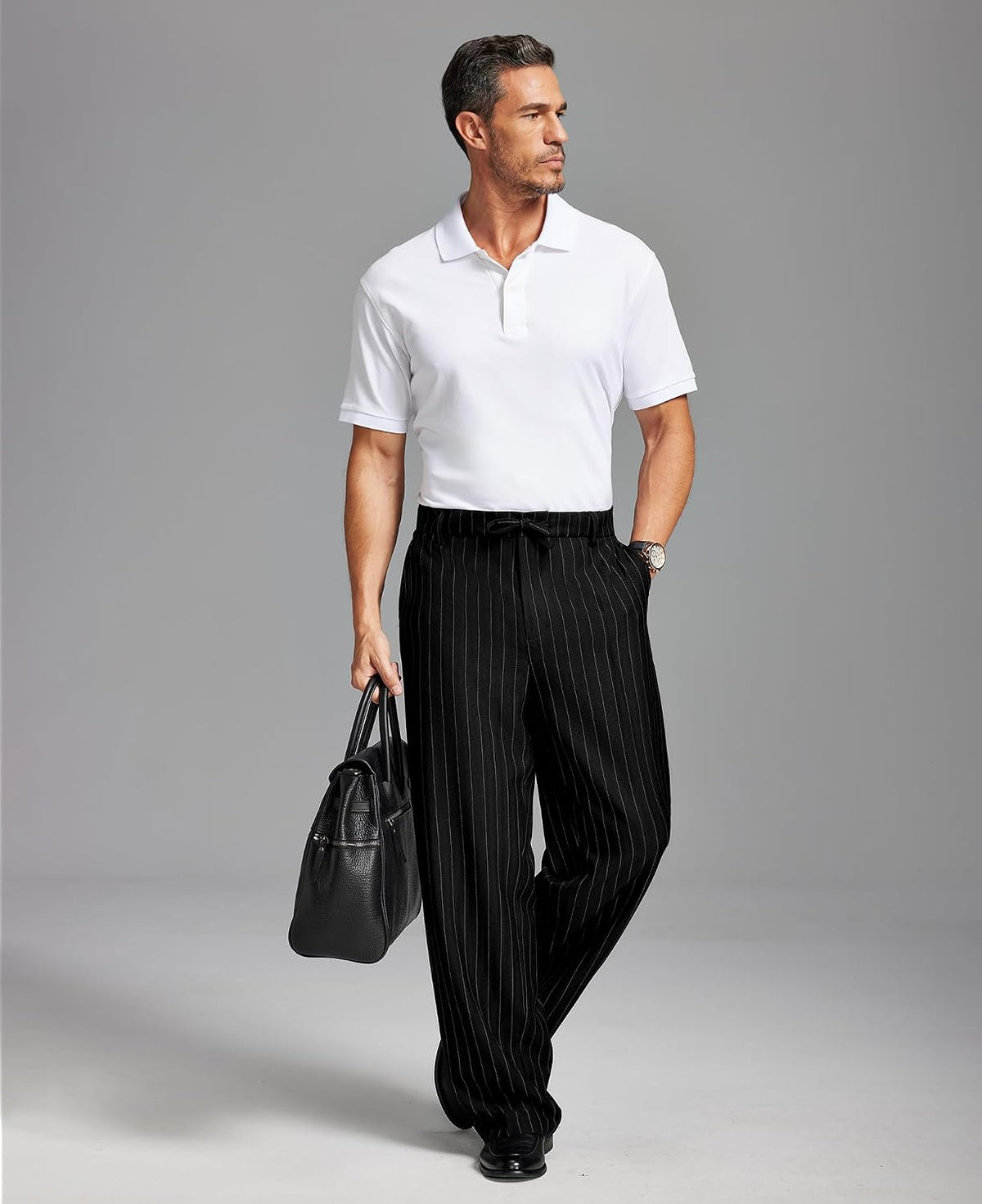 Susclude Mens Pinstripe Wide Leg Dress Pant Baggy Drawstring Trouser Street