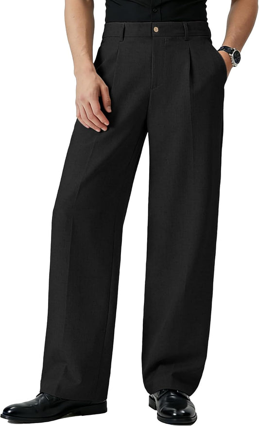 Susclude Mens Linen Casual Dress Pants Old Money Wide Leg Baggy Pleated Vintage Relaxed Fit Slacks Work Office Trousers