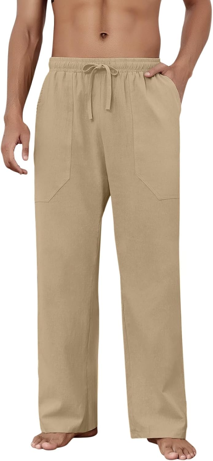 Puimentiua Cotton Linen Pants Men Casual Loose Fit Summer Beach Pants