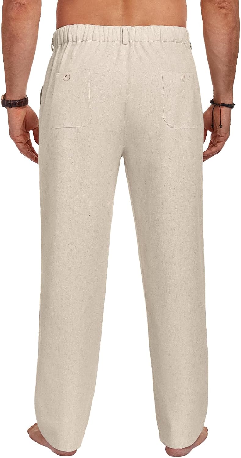 Puimentiua Mens Linen Casual Business Dress Pants Elastic Waist Regular Fit