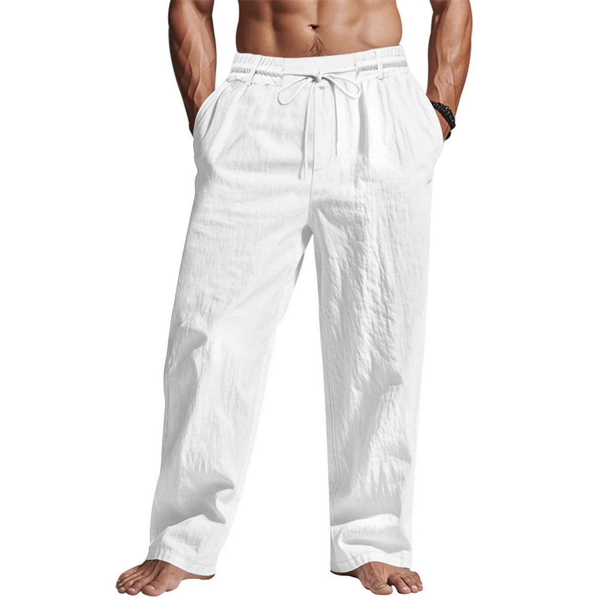 Puimentiua Casual Linen Pants Men Elastic Drawstring Baggy Summer Lounge