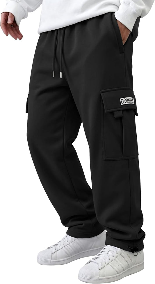 HUNGSON Mens Cargo Sweatpants Drawstring Casual Hiking Pants Joggers Athletic Trousers Cotton Loose Straight Pants for Men