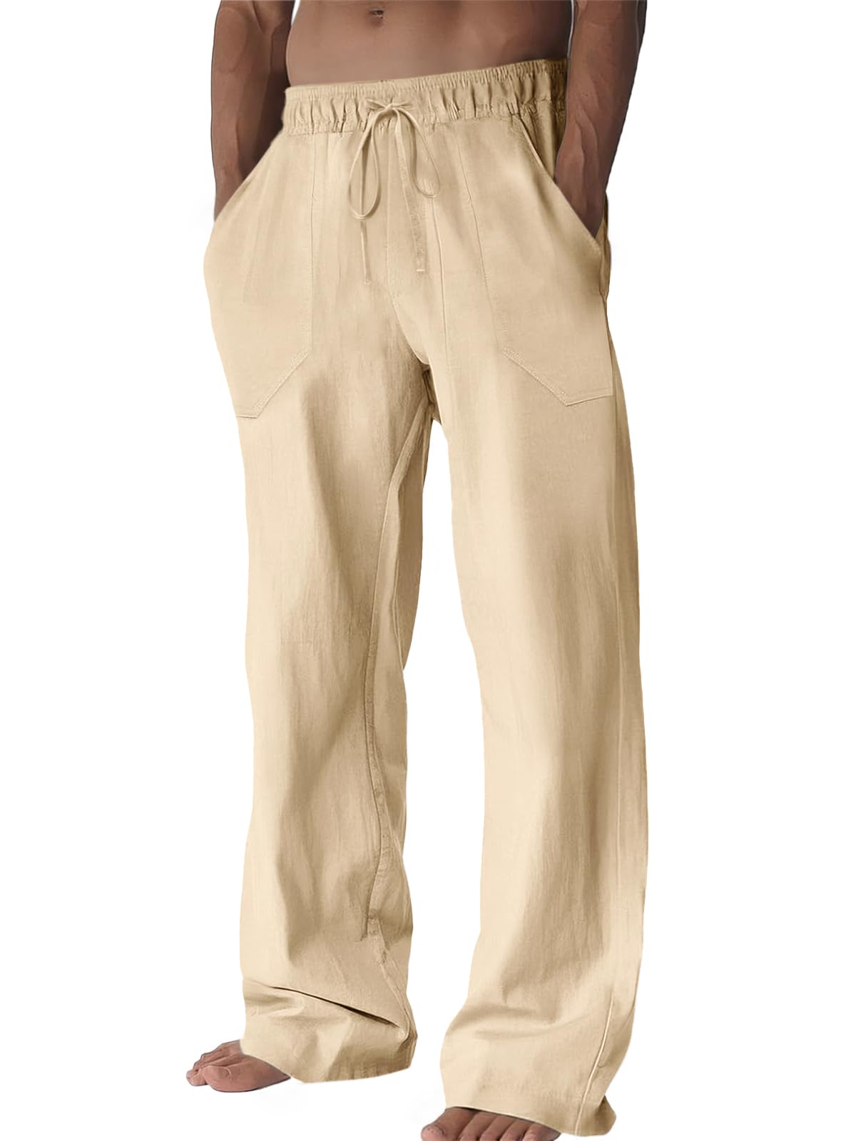 Runcati Mens Casual Pants Linen Drawstring Elastic Waist Loose Fit Straight Leg Pants Summer Beach Vacation Yoga Trousers