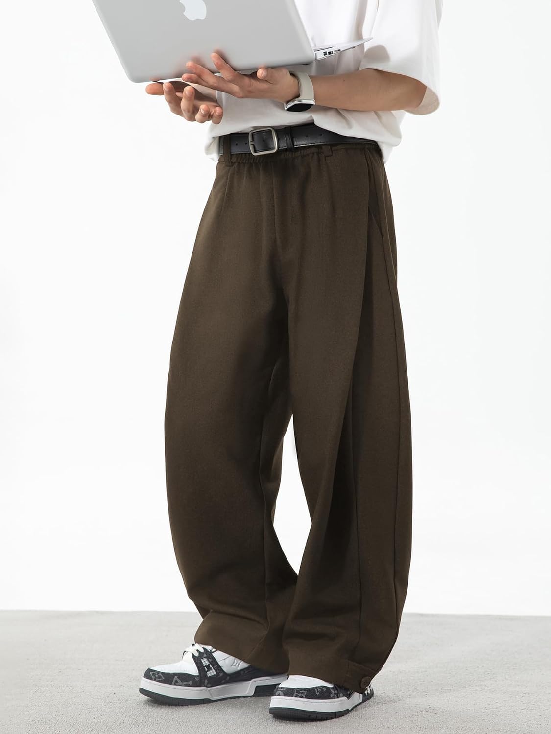 Mens Pleated Wide Leg Baggy Dress Pants Casual Elastic Waist Fall Long Trousers with Pockets