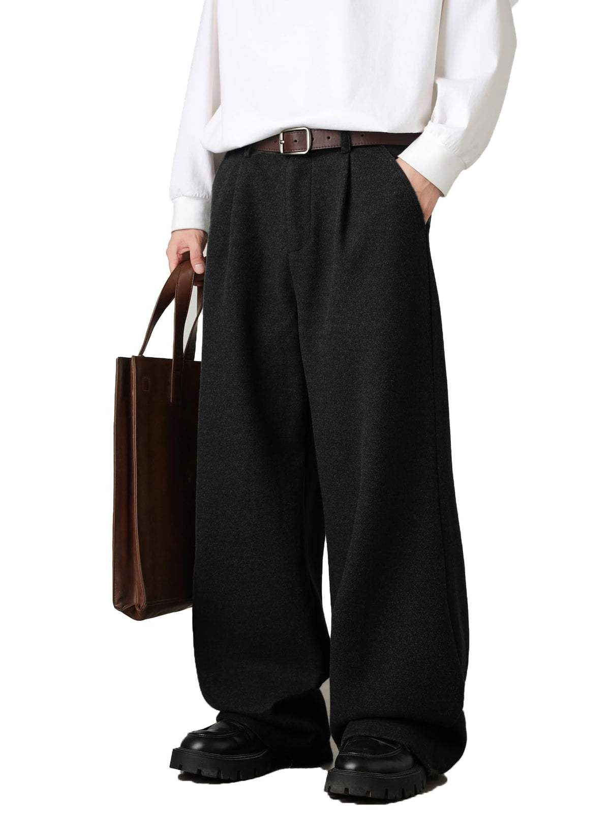 Mens Pleated Wide Leg Baggy Dress Pants Casual Elastic Waist Fall Long Trousers with Pockets