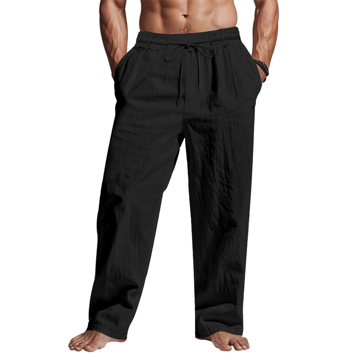 Puimentiua Casual Linen Pants Men Elastic Drawstring Baggy Summer Lounge