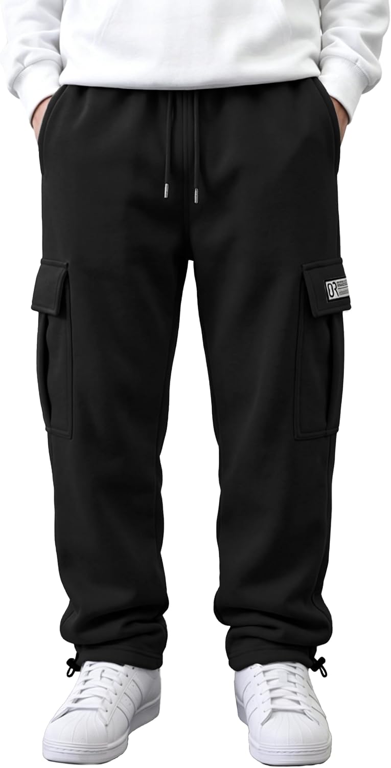 HUNGSON Mens Cargo Sweatpants Drawstring Casual Hiking Pants Joggers Athletic Trousers Cotton Loose Straight Pants for Men
