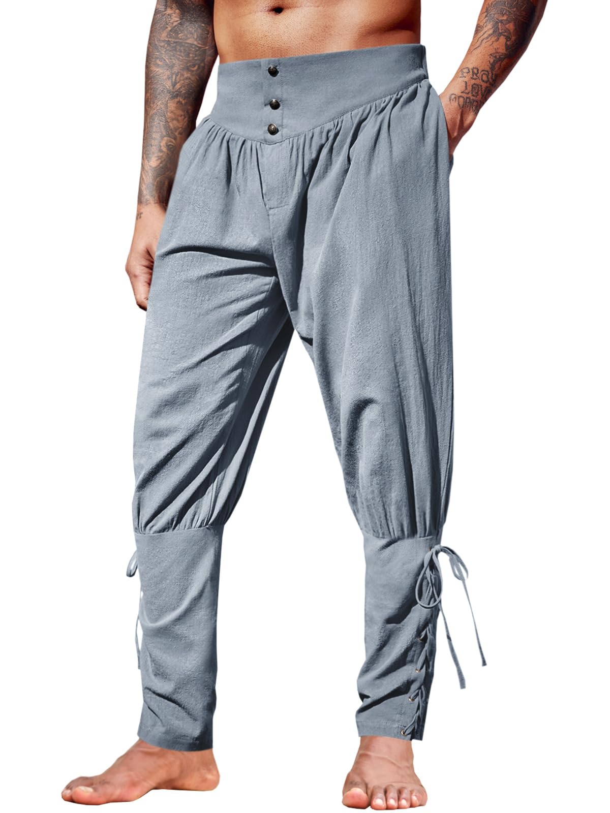 Runcati Mens Medieval Ankle Pants Renaissance Viking Linen Costume Trousers