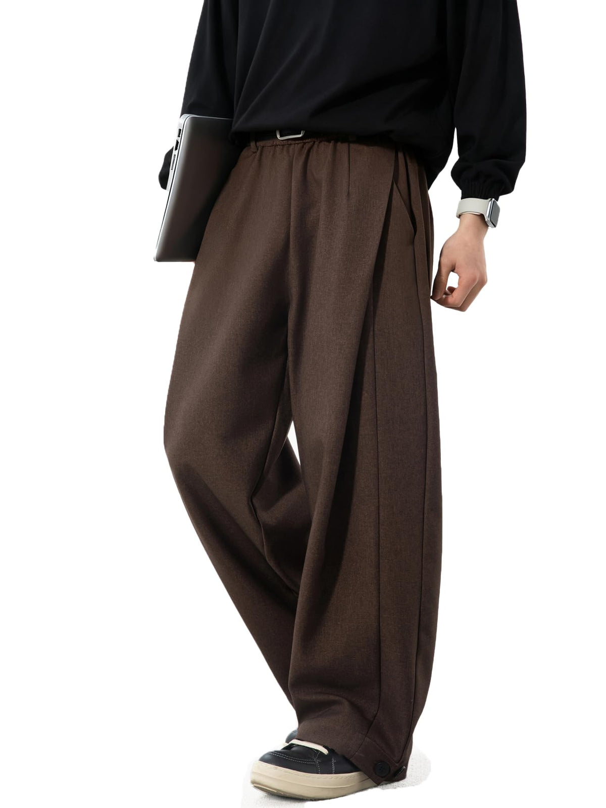 Mens Pleated Wide Leg Baggy Dress Pants Casual Elastic Waist Fall Long Trousers with Pockets