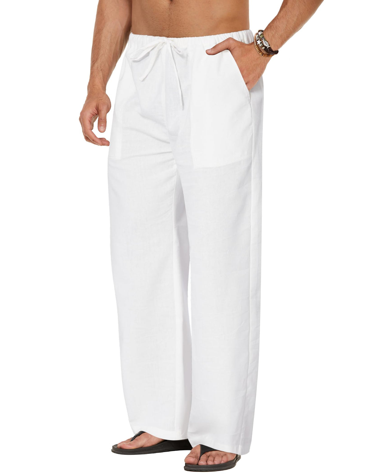 COOFANDY Men Linen Pants Casual Elastic Waist Drawstring Pants Summer Beach