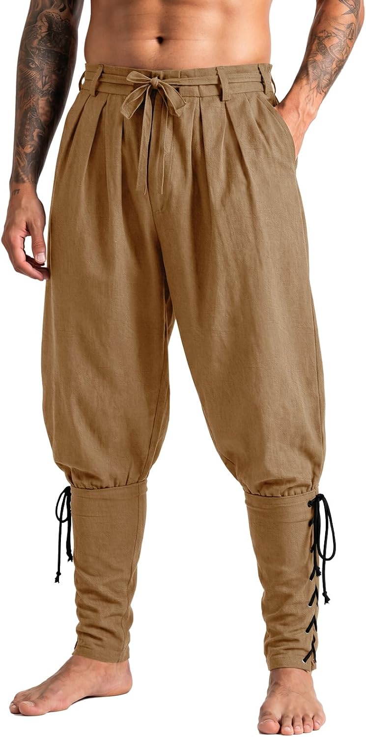 Runcati Mens Medieval Pirate Pants Ankle Banded Renaissance Viking Trousers