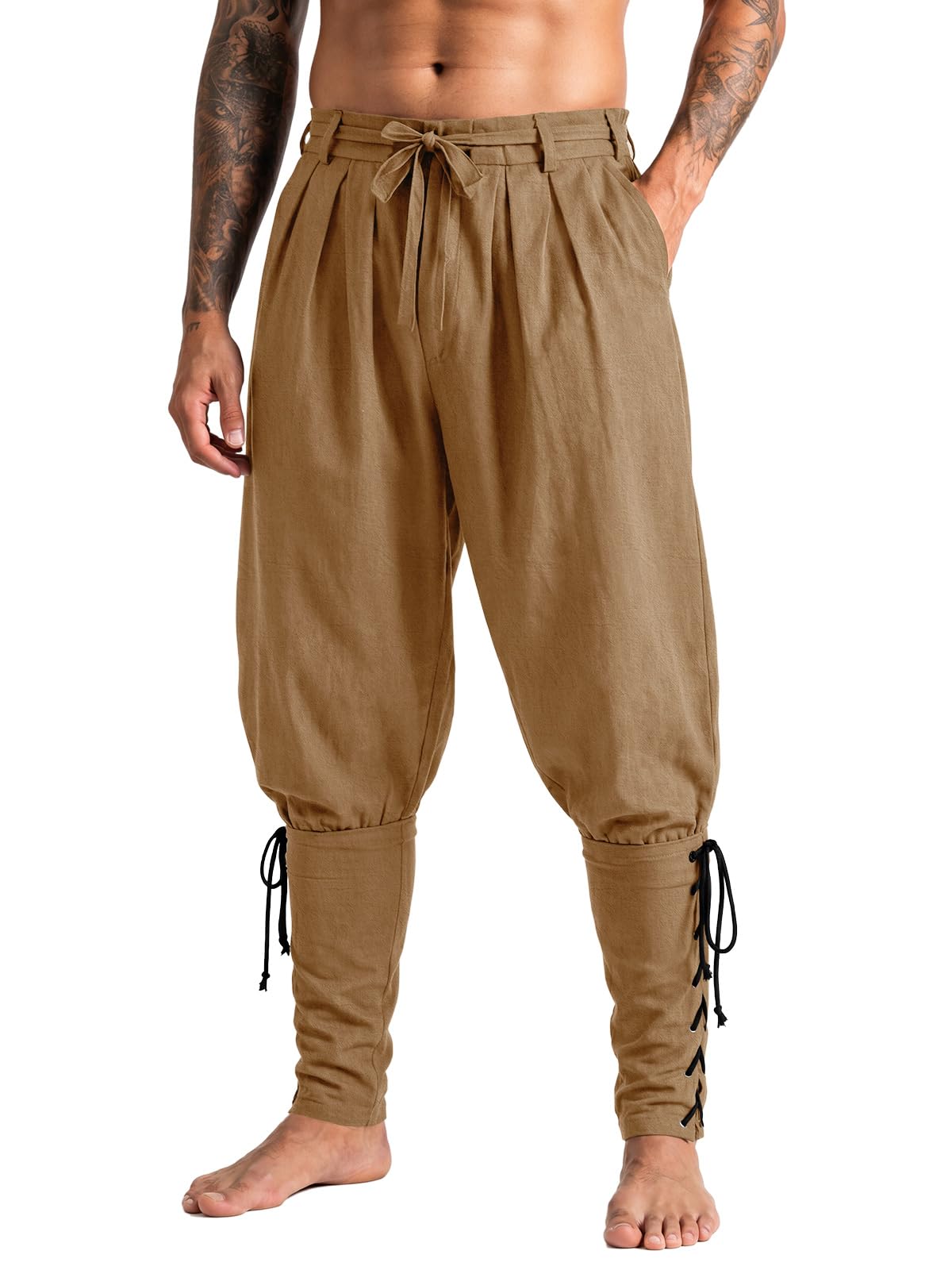 Runcati Mens Medieval Pirate Pants Ankle Banded Renaissance Viking Trousers