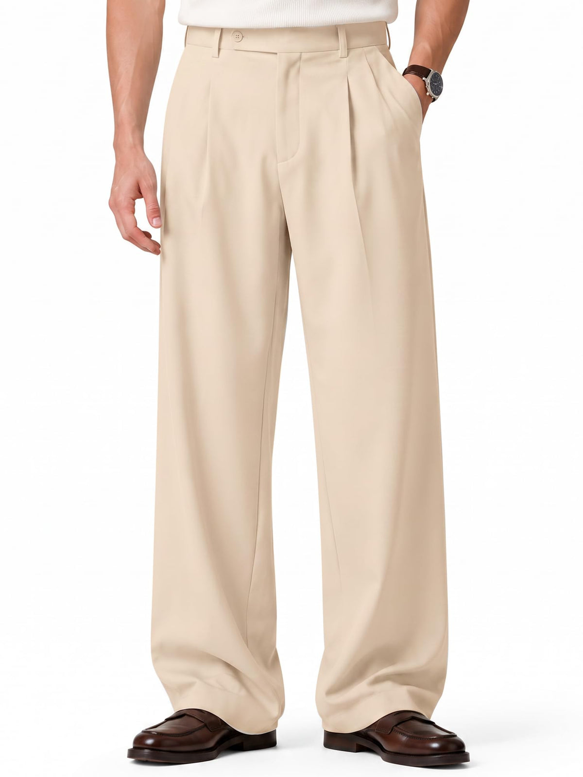HUNGSON Mens Baggy Casual Dress Pants Pleated Wide Leg Lightweight Slacks