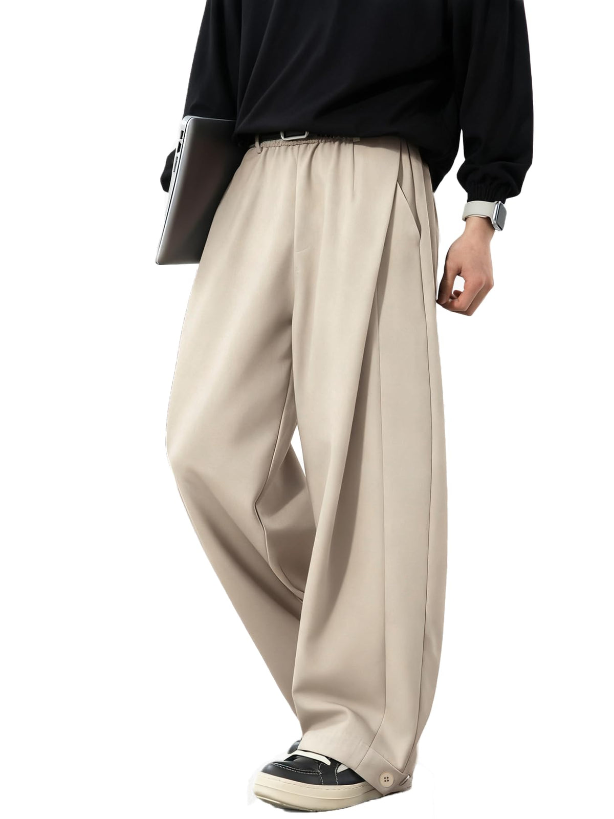 Mens Pleated Wide Leg Baggy Dress Pants Casual Elastic Waist Fall Long Trousers with Pockets
