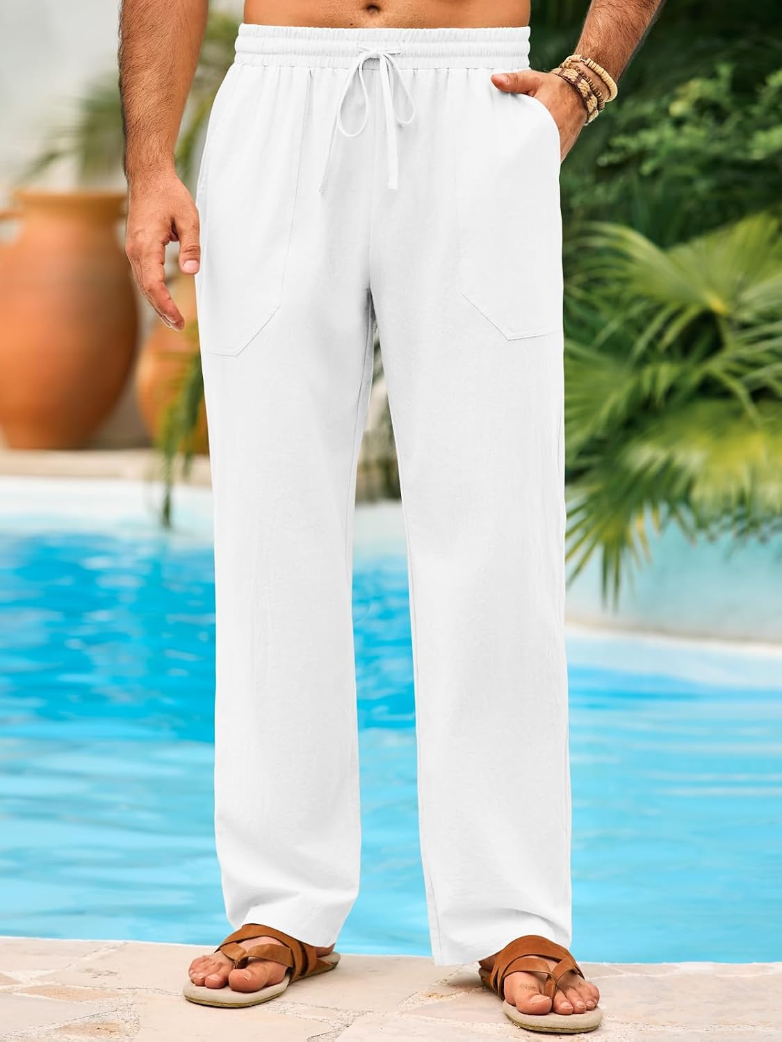 Runcati Mens Casual Pants Linen Drawstring Elastic Waist Loose Fit Straight Leg Pants Summer Beach Vacation Yoga Trousers
