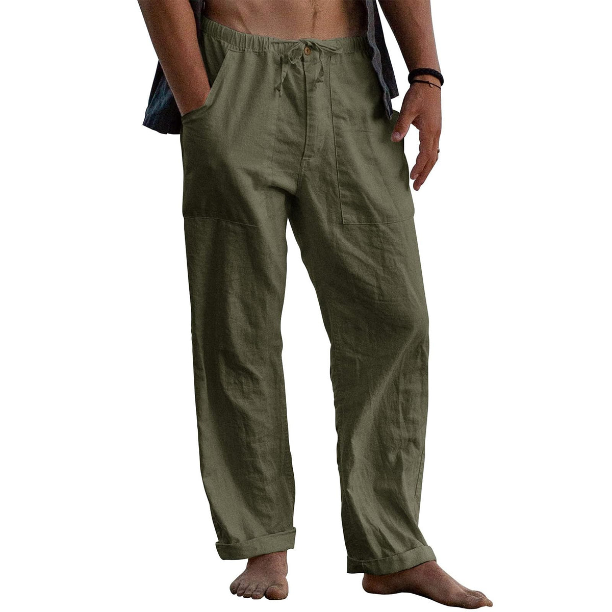 Puimentiua Mens Cotton Linen Pants Casual Loose Fit Summer Beach Pants