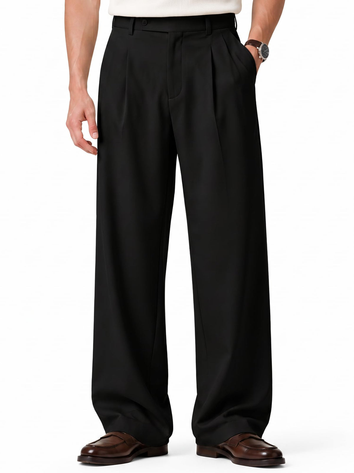 HUNGSON Mens Baggy Casual Dress Pants Pleated Wide Leg Lightweight Slacks